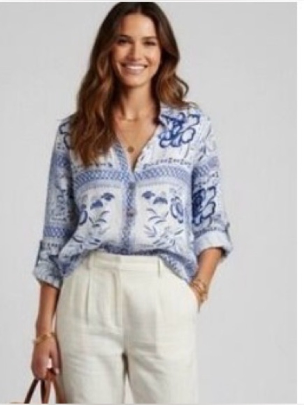 Halston Heritage Geometric Floral Print Blue White 100% Linen Button-Up Shirt 1X
